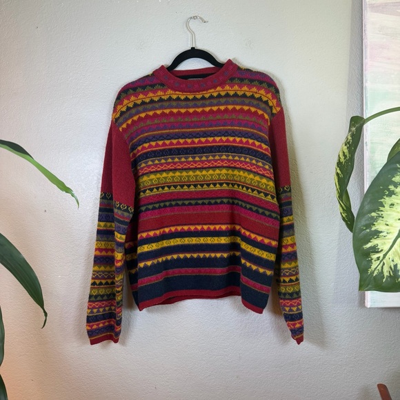 Le Laureat Sweaters - Vintage Wool Red Blue Yellow Fair Isle Classic Knit Crew Neck Sweater